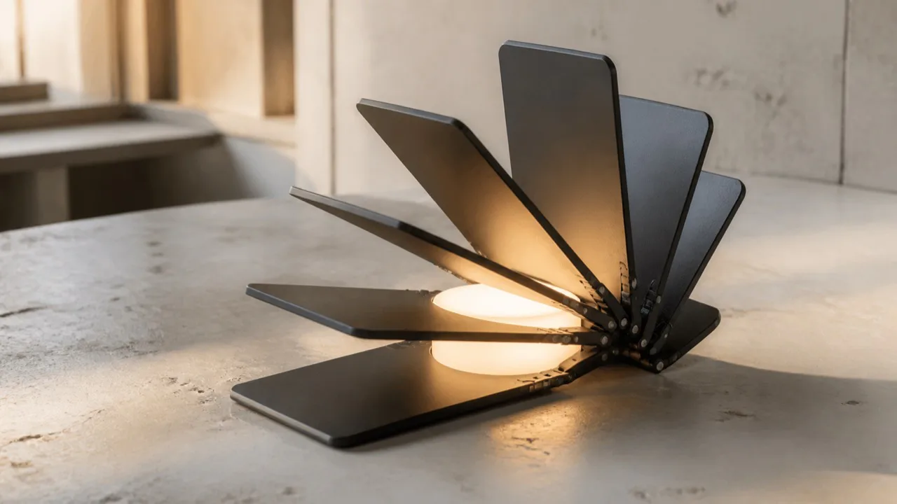 An unbranded folding studio lamp opening around a glowing frosted center on a limestone workbench