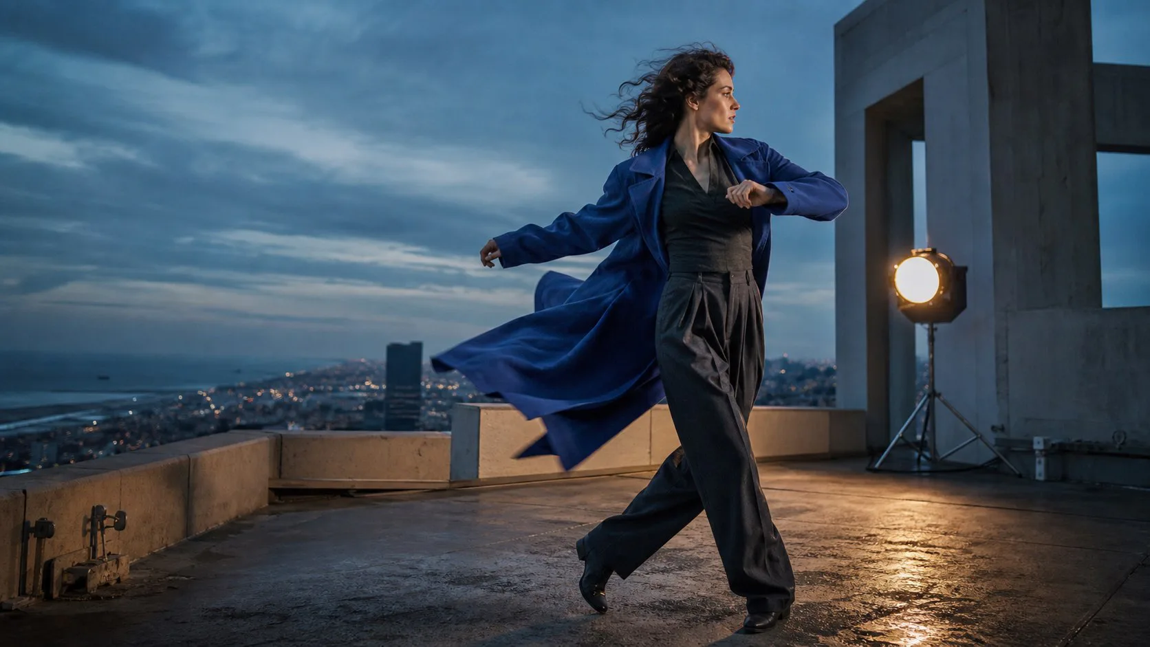 Original input: a person in a blue coat on a rooftop