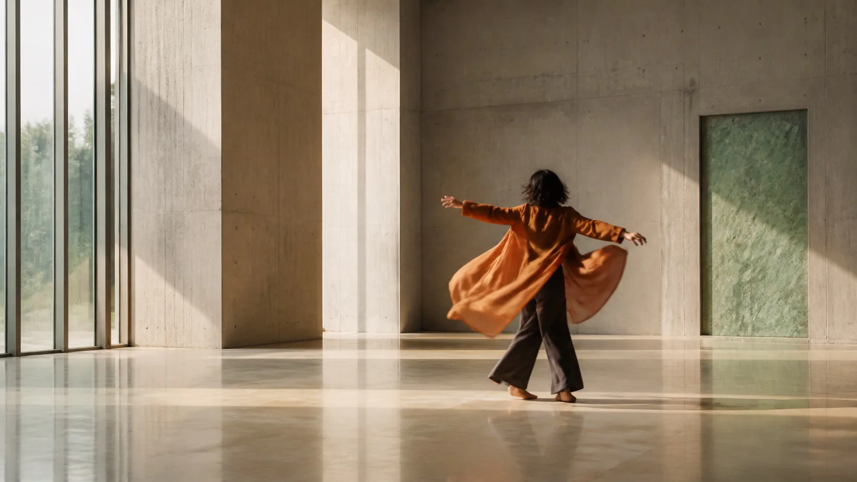Dancer turning through a sunlit concrete gallery in an orange coat