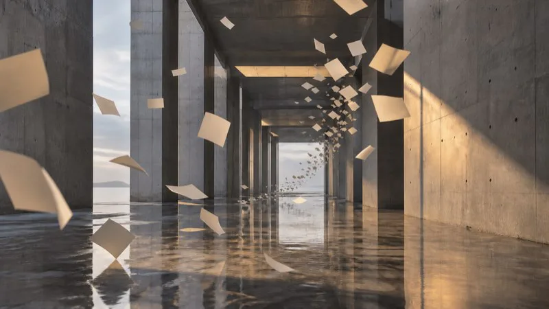Blank paper sheets moving through a shallow-water brutalist passage at dawn