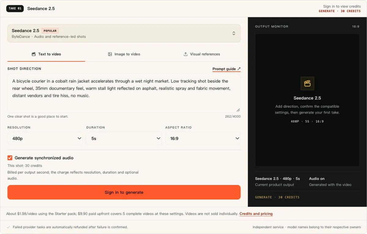 Actual generator showing Seedance 2.5, a loaded prompt, 480p, five seconds and 30 credits
