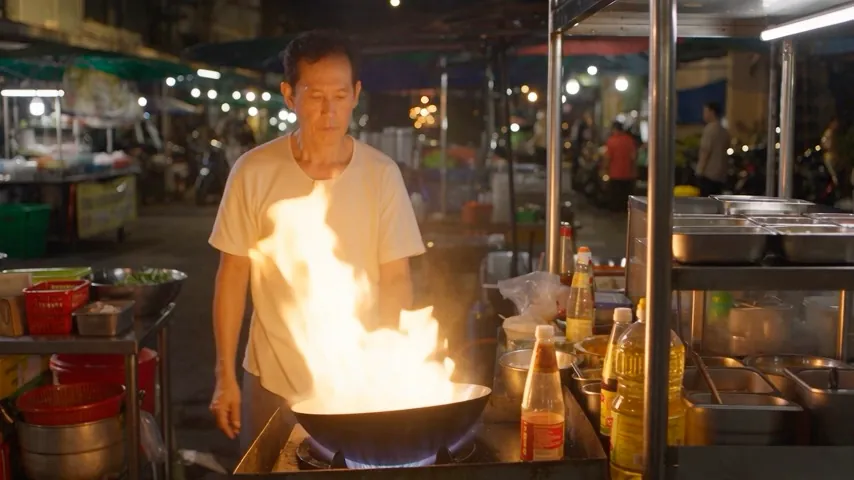 Original video frame at one second: a chef stands behind a flaming wok at a night market